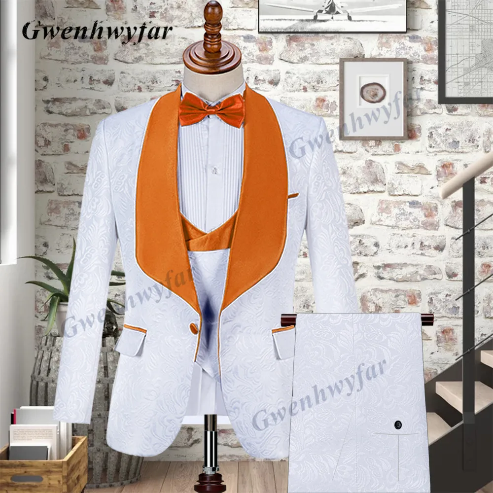 Men Gwenhwyfar Prom Suits Orange Shawl Lapel Slim Fit Wedding Suit Tuxedos Three Pieces Blazers Jacket Vest Pants