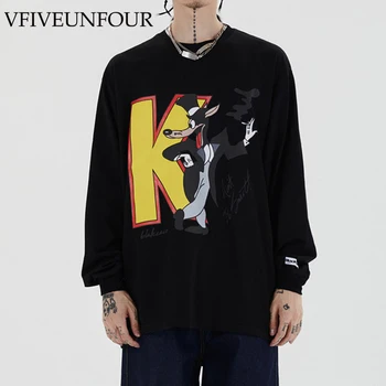

VFIVE UNFOUR Creative Print Casual Loose Long Sleveve Tshirts Streetwear Harajuku Hip Hop Fashion Tees Shirts Punk Rock Tops Men