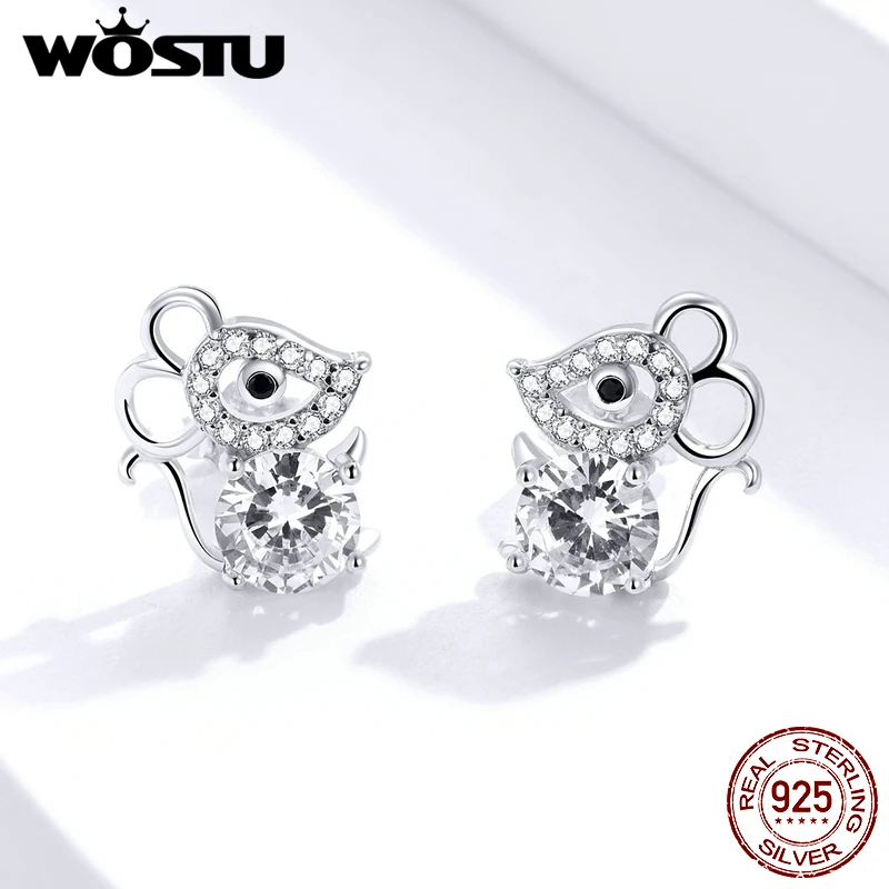WOSTU Authentic 925 Sterling Silver Lovely Mouse Stud Earrings For Women Clear Zircon Small Fashion Jewelry Gift FIE826 | Украшения и