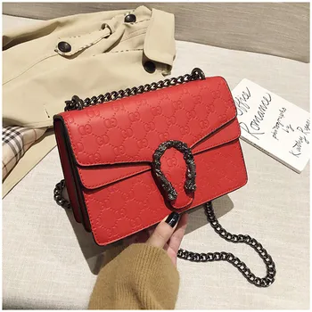 

2020 Fashion women Chain Shoulder Messenger Bag Small square bag Splicing shoulder handbag PU Leather Embossing Bacchus bag red