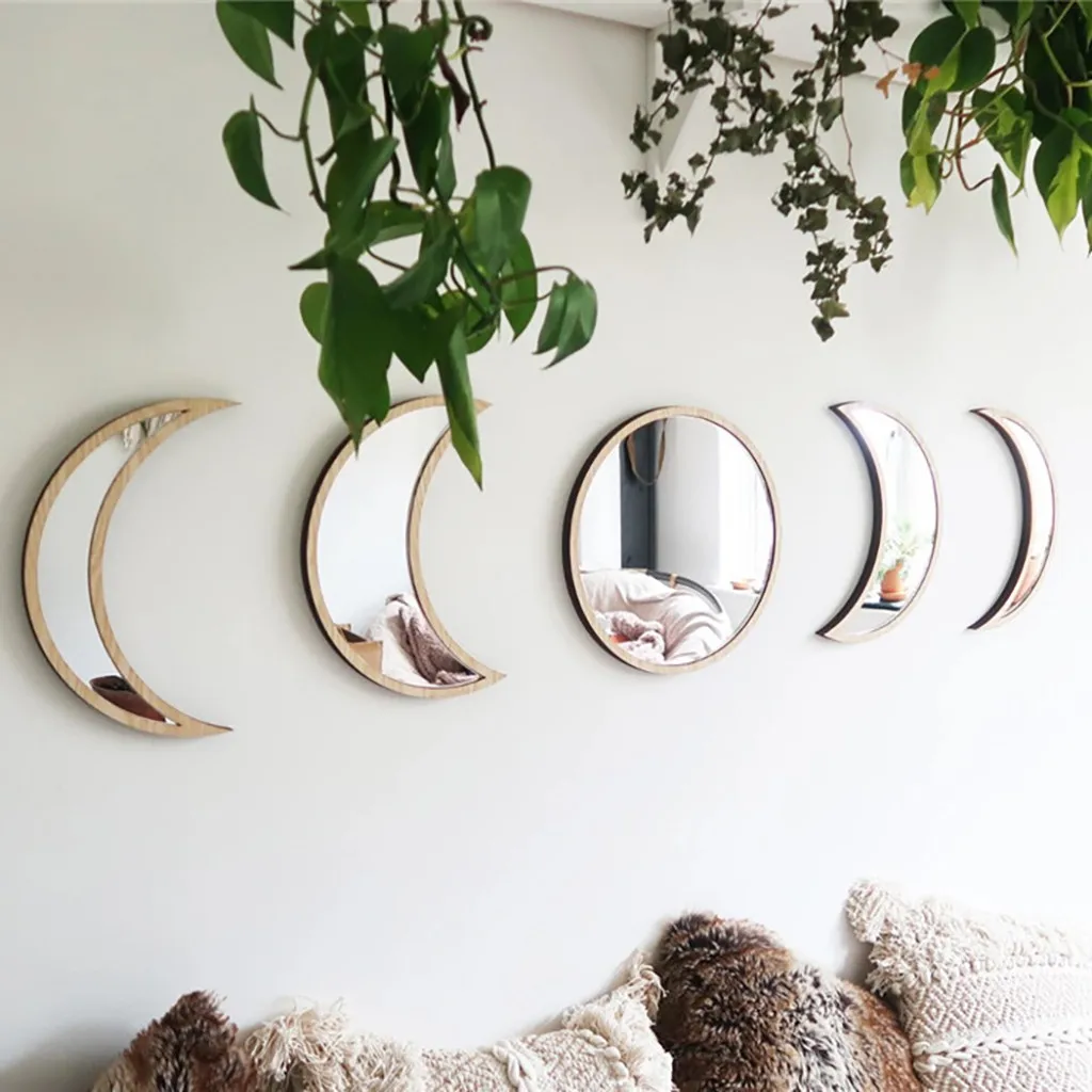 Nordic Style Wooden Decorative Mirror Moon Phase Bedroom Acrylic adesivos espelho | Дом и сад