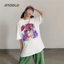  NYOOLO 2020 Harajuku style streetwear Flame girl letters print short sleeve t-shirt women Summer loose O-neck hip hop tee tops 