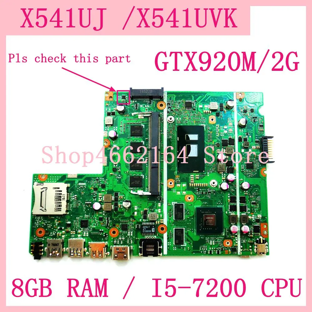 astounding  X541UJ motherboard 8GB RAM/I5-7200U/AS GTX920M/V2G mainboard For Asus X541UVK X541UJ X541UV laptop 