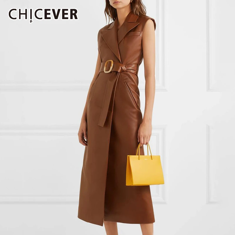 CHICEVER A Line кожаные платья для женщин с лацканами без рукавов с открытыми плечами Высокая талия с поясом платье Женская мода новая одежда