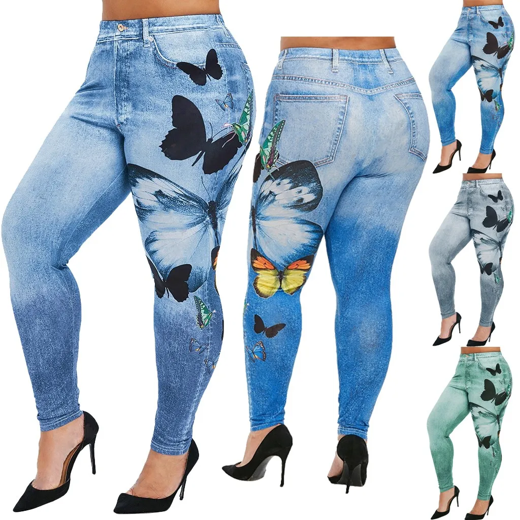 Новые Женские легинсы большого размера, джеггинсы с принтом бабочки, обтягивающие брюки-карандаш из искусственной джинсовой ткани, леггинсы с высокой талией, женские брюки, свитшоты