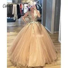 Бальные платья с глубоким v-образным вырезом и аппликацией длиной до пола, фатиновые платья для официального торжества выпускного вечера, платья для милых 16 Vestidos De Fiesta