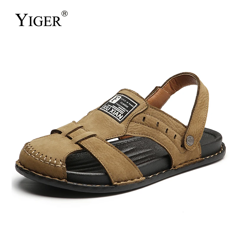 

YIGER Men's sandals 2020 beach slippers genuine leather outdoor casual shoes big size sandals men design Roman sandals