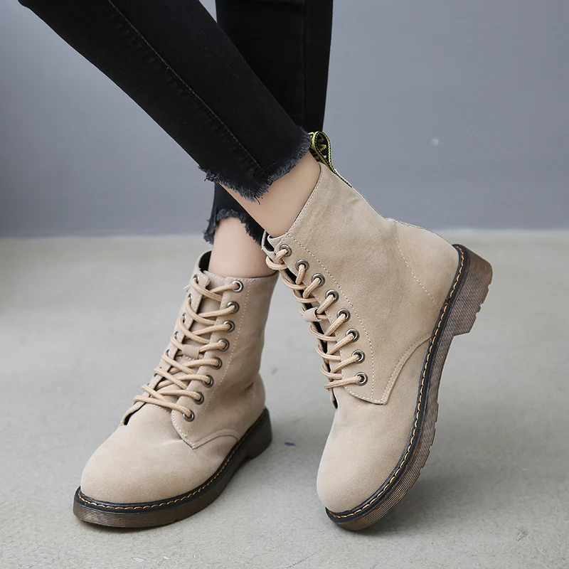 

Lucyever Vintage Women Lace Up Ankle Boots 2019 Autumn Winter Flock High-top Shoes Woman Platform Black Beige Zapatos De Mujer