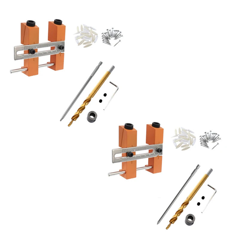 1 Set Adjustable Double Pocket Hole Jig System 9.5Mm 3/8 Inch Drill Bits Doweling Drilling Jig Punch Locator Woodworking Drill G