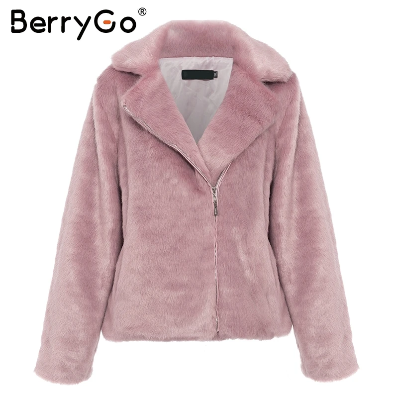 

BerryGo Casual Plus size faux fur pink coats women Luxurious zipper autumn winter warm fur coat Streetwear thick short overcoat