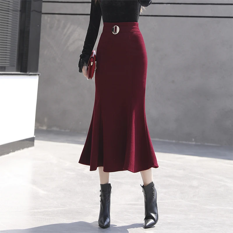 

TIYIHAILEY Free Shipping 2022 New Fashion Long Mid-Calf Women Plus Size S-3XL Mermaid Style Fish Tail OL Ladies Wool Red Skirts