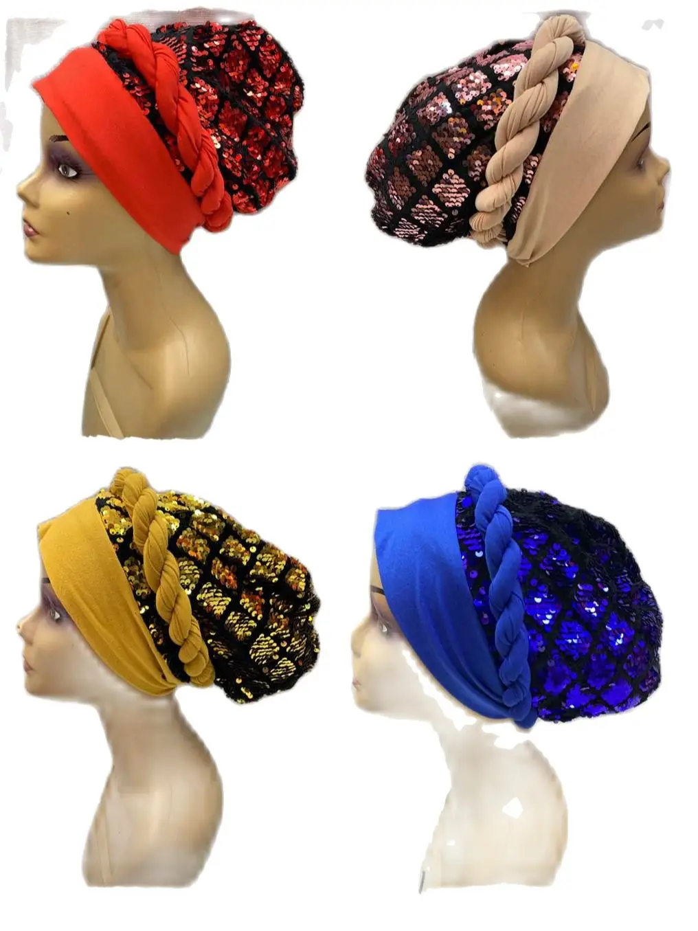 

2021 Designs African Velvet Sequins Turban Hat Women Cap Auto Gele Aso Oke Headtie Mix12 Pieces Per Dozen Party Fashion Headwear