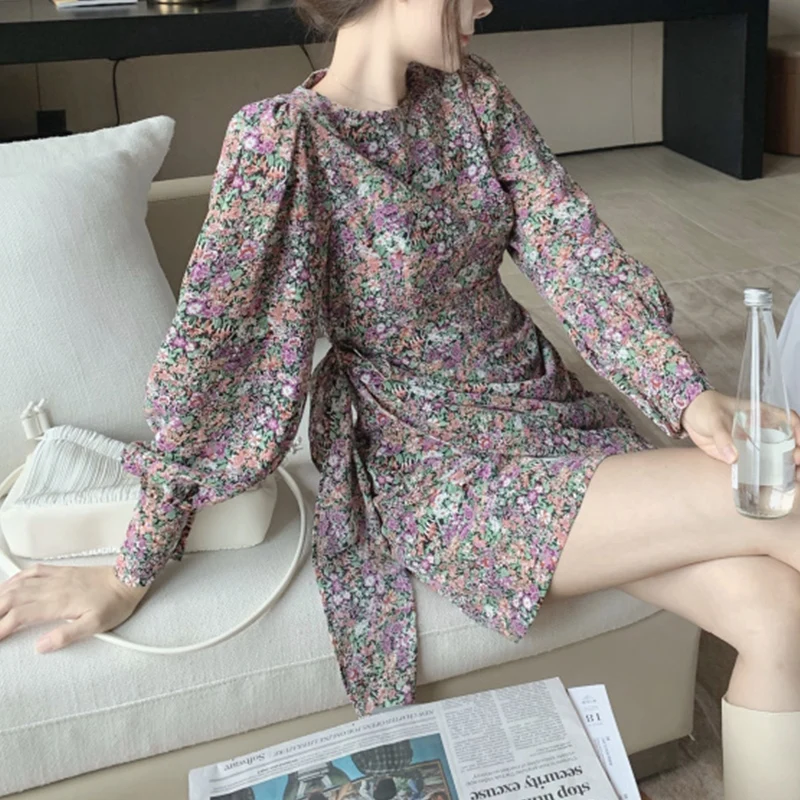 

Vintage Dress Women O-Neck High Waist Floral Dress Mini Fashion Korean Clothing French Retro Female Slim 2020 Women Fall Clothes