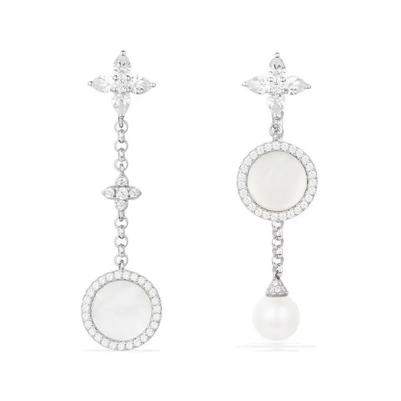 

925 Sterling Silver Asymmetric Mother Of Pearl Shell Dropping Earrings Star Moon Long Earings Monaco France Jewelry