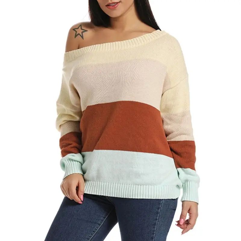 

Women Plus Size Long Sleeve Knit Sweaters Sexy Off The Shoulder Casual Loose Pullover Tops Color Block Patchwork Rib Trim Jumper