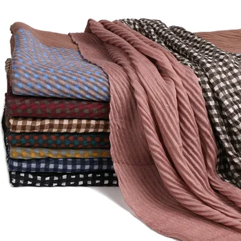 

Autumn Winter Pleated Cotton Linen Hijabs Shawls Checks Grids Patchwork Pashmina Muslim Hijab Shawl 180x90cm