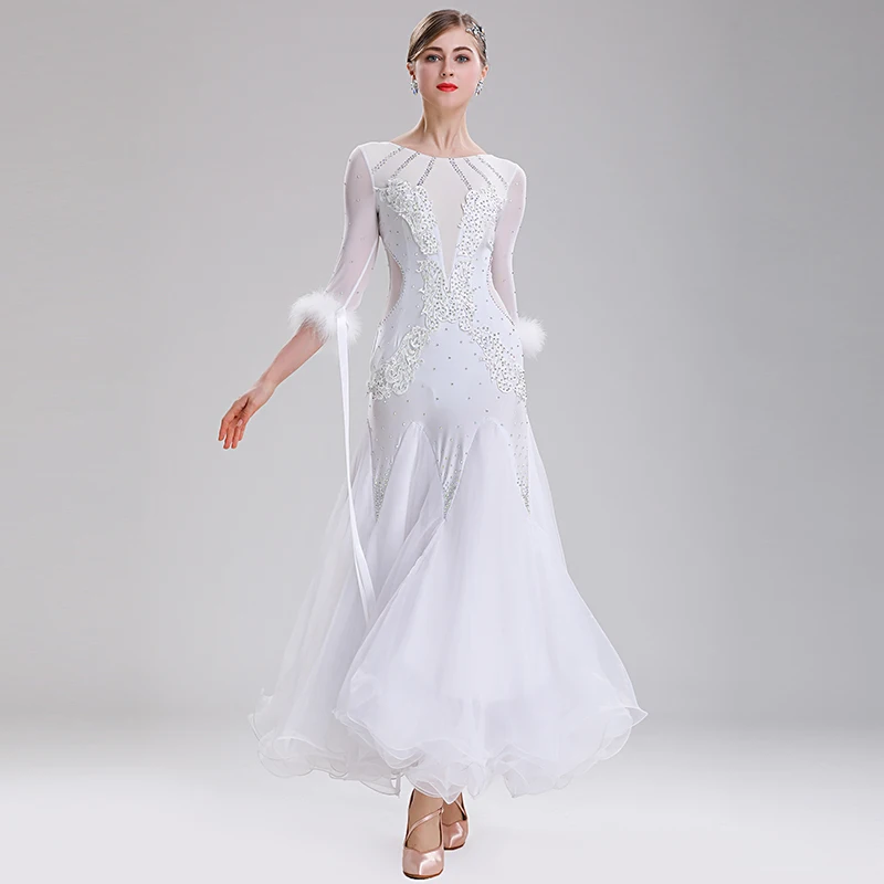 

Free Shipping Mid-sleeve white and red ballroom dancing dress for performance or competition modern waltz dresses BD006