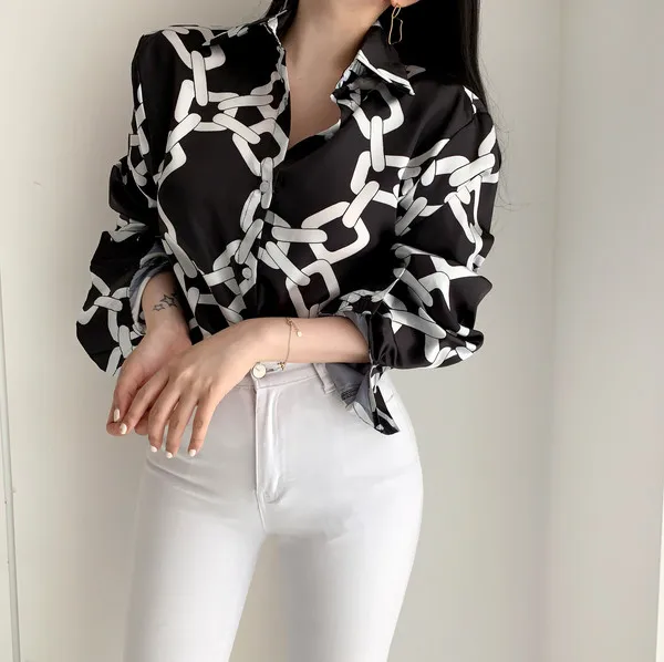 Женские топы, ограниченное по времени предложение, Vadim из ацетата с принтом, Blusas Mujer De Moda,, винтажная тонкая женская рубашка с принтом в виде цепочки, с отворотами на рукавах