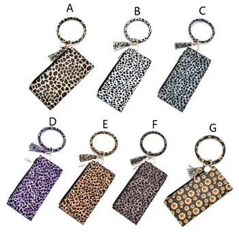 

Women Circle Keyring Wristlet Clutch Leopard PU Wallet Bracelets Key Ring Zipper Clutch Purses with Bangle Keychain Handbag