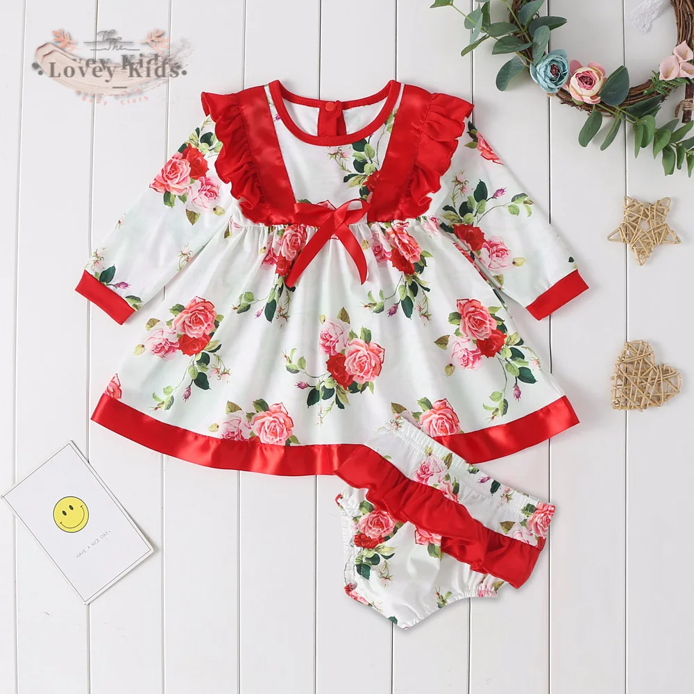 

2020 Princess Baby Girl Dress 2PCS Outfit Set Long Sleeve Floral Flower Print Ruffle Sweet Girl With Panties