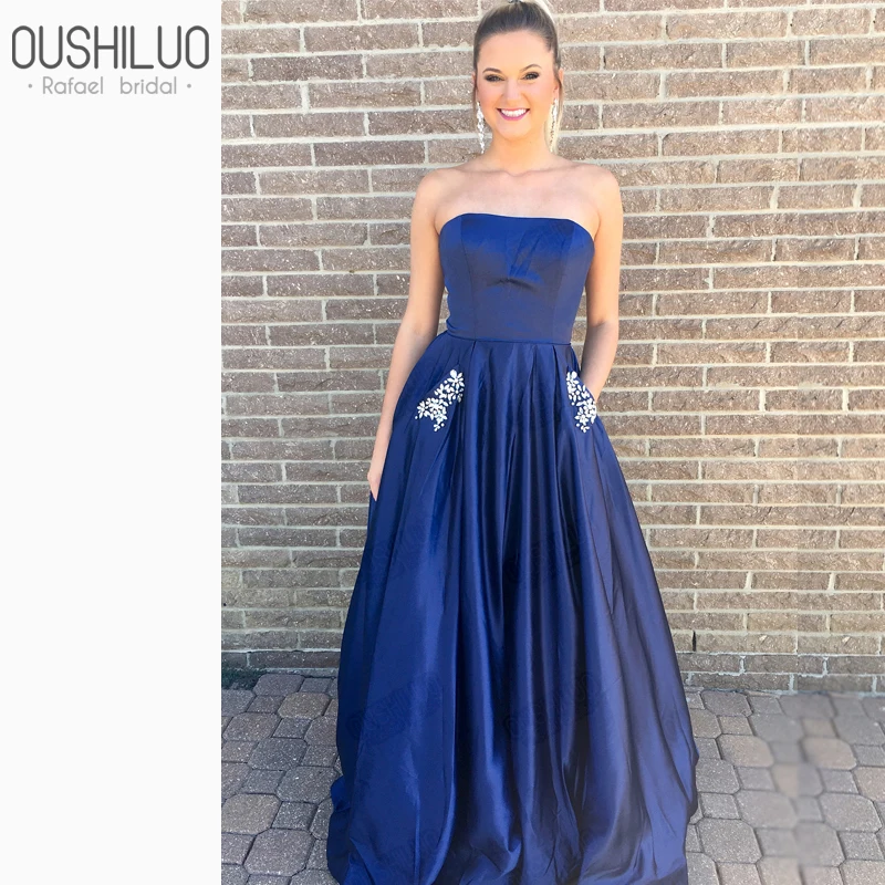 

Simple Royal Blue Satin A line Long Formal Evening Dress Pockets Strapless Sleeveless Crystal Rhinestone Party Wear Plus Size