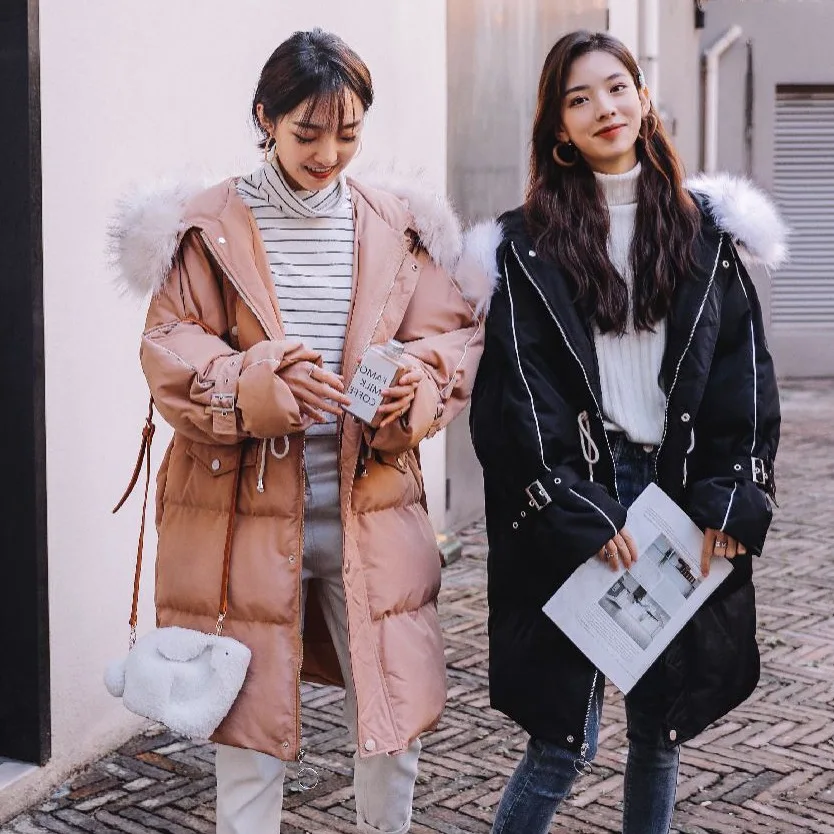 

Photo Shoot INS Sweet Apricot Pink Best Friend down Coat Hooded Large Fur Collar Drawstring Waist Hugging Lace-up Selvage Cotton