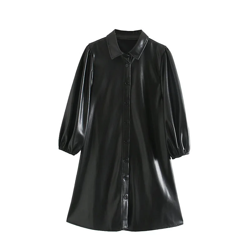Fashion Black PU Faux Leather Dress Women Solid Casual Mini Turn Down Collar Button Loose Streetwear Tunic Vestidos | Женская одежда