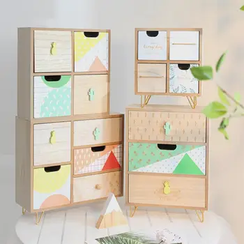 

Modern Jewelry Cosmetics Organizer Cabinet Wooden Box Storage Drawer Home Office Desktop Storage Box Decoration