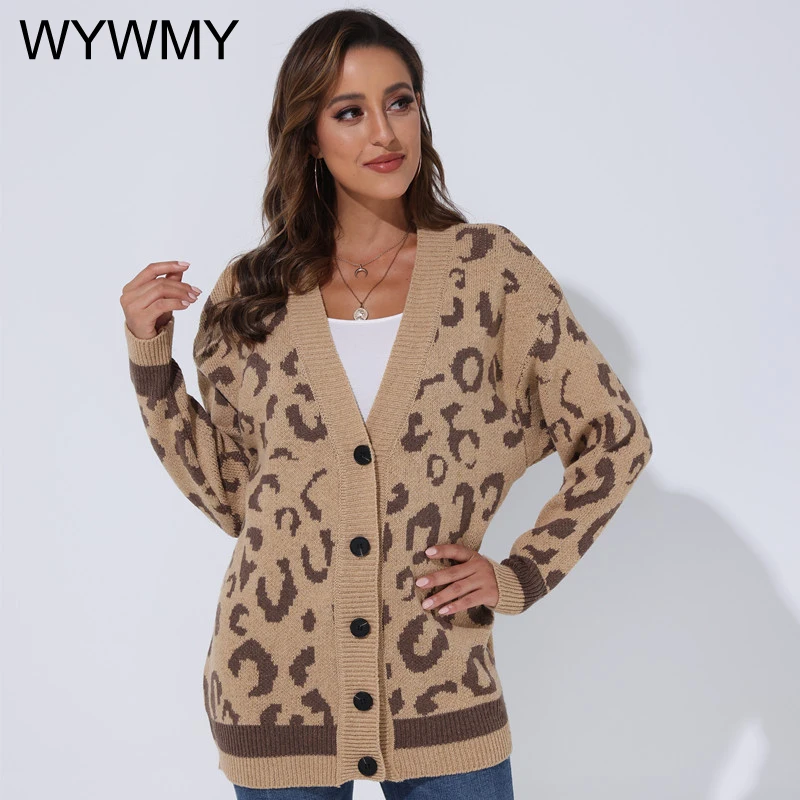 

WYWMY Harajuku Oversized Sweater Women Autumn Winter New Leopard Cardigan Casual Loose Female Knitted Open Stitch V-neck Jumper