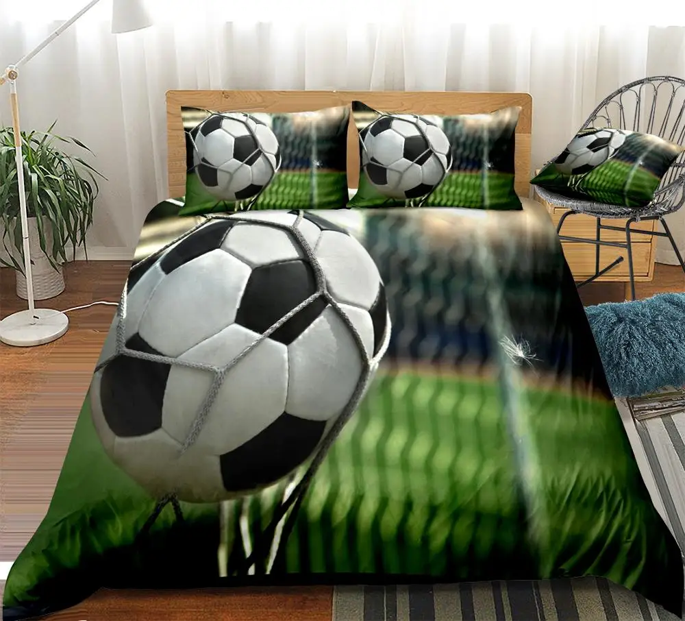 3d Soccer Duvet Cover Set Football Flying Into The Net Gate Bed Set
