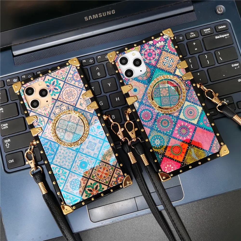 Luxury Geometric Pattern Cover Vintage Flower Square Leather Case