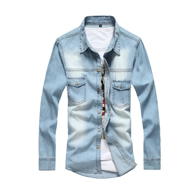 Light blue Хорошие модные джинсовые рубашки для мужчин, повседневная хлопковая рубашка для мужчин s Camisas Masculina с длинным рукавом, облегающие темно-синие джинсы, мужская рубашка 3XL 51 - Цвет: Light blue