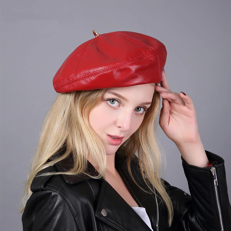 Red leather beret hat Clearance