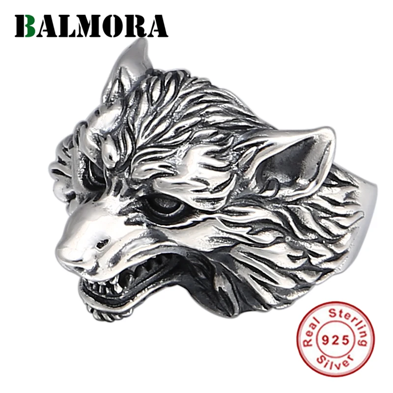 BALMORA Настоящее серебро 925 проба Волк открытый укладки палец кольцо для мужчин и женщин пара Винтаж Панк животное мода ювелирные изделия Anillos