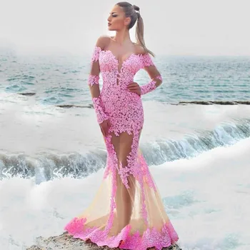 

Elegant Pink Off the shoulder Long Mermaid Prom Dresses 2020 Custom Made With Lace Appliques Formal Evening Gowns vestidos
