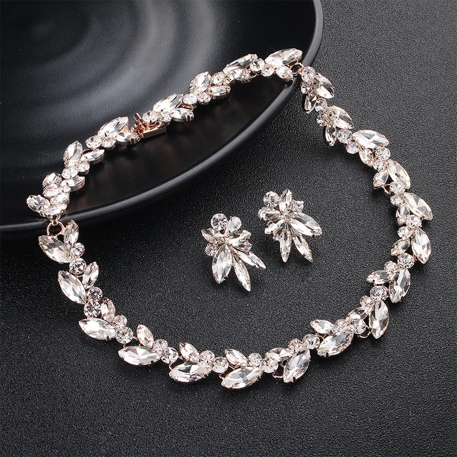 

NPASON 2019 Newest Wedding Women Jewelry Set Clear Austrian Crystal Alloy Necklace Earrings Set Bridal Jewelry Holiday Gifts