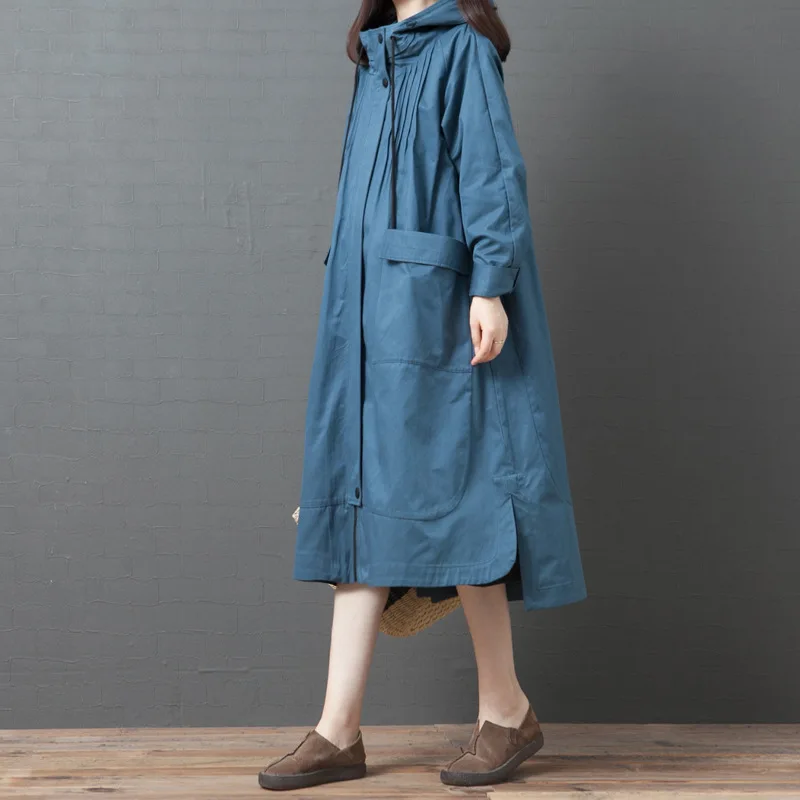 

2019 Autumn Trench Coat Women's Mid-length Loose-Fit Elegant Large Size Casual Zipper Large Pocket Western Style Hooded Coat Wom