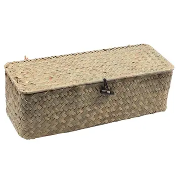 

3 Grid Storage Baskets With Cover Vintage Jewelry Storage Case Straw Desktop Tea Set Handmade Rattan Makeup Storage Box(Primary