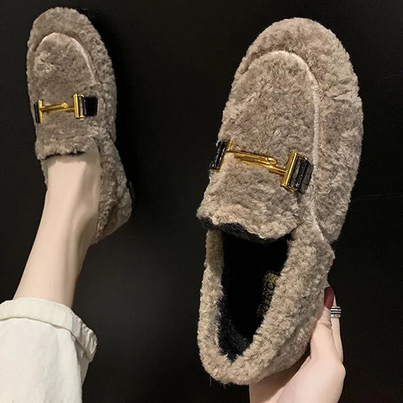 KHAKI 36-40) лоферы на плоской подошве с металлической пряжкой; женская обувь; зимние теплые туфли без задника; обувь на меху знаменитостей; обувь на плоской толстой резиновой подошве; Мягкие Мокасины на каблуке; mujer P-139 - Цвет: KHAKI