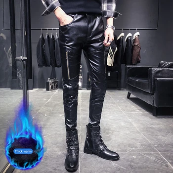 

New Arrived Personality Male Leather Pants Male Slim Leather Pants Men's Clothing PU Pants Male Thick Warm 2019 Erkek Pantolon