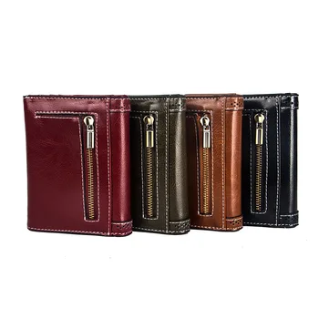 

Real Leather Short Women Wallets Two-Fold Women's Zipper Purse Retro Oil Wax Leather Wallet