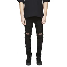 Новинка, черные рваные джинсы в стиле хип-хоп, мужские джинсы с дырками, обтягивающие джинсы, мужские облегающие джинсы, уличная одежда, байкерские джинсы