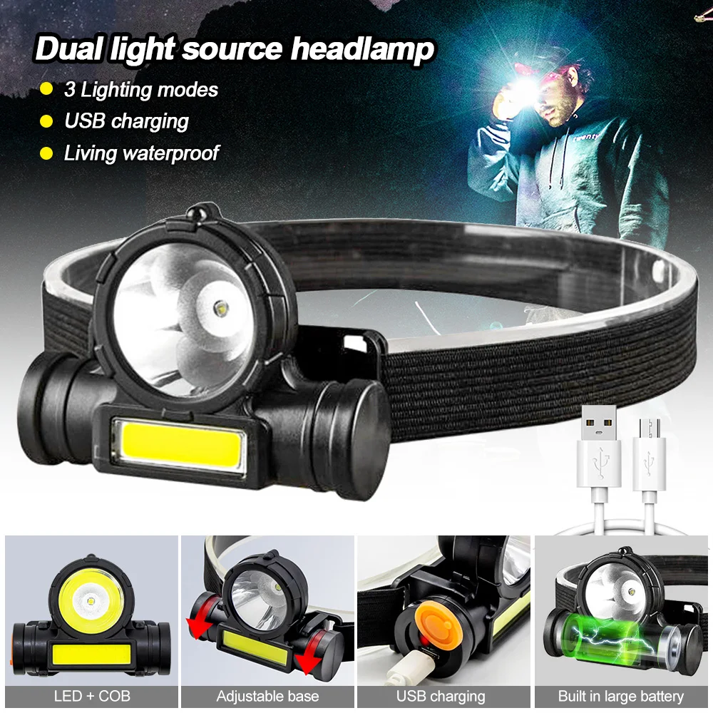 Водонепроницаемый Головной фонарь с двойсветильник светодиодом + COB
