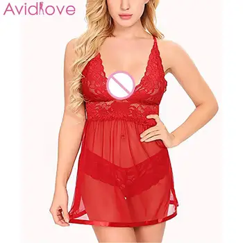 

Women Sexy Spaghetti Strap Sleeveless Floral See Through Babydoll Lace Mini Lingerie & Panty Dress Home, Sleep