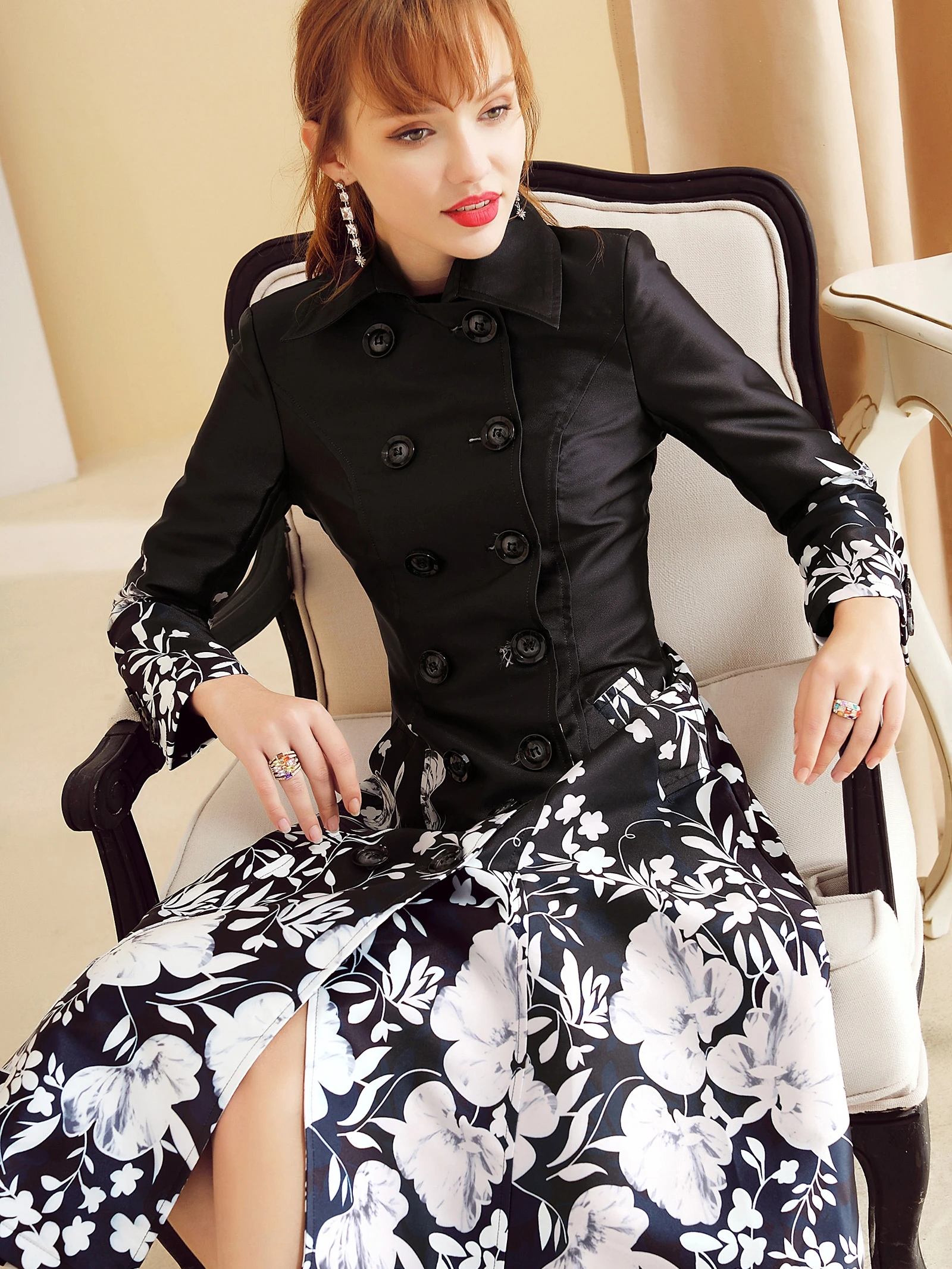 

Women Trench Coat Plus Size Floral Print Work Business Long Coat Double-Breasted Slim Classic Trench Coat Raincoat Overcoat
