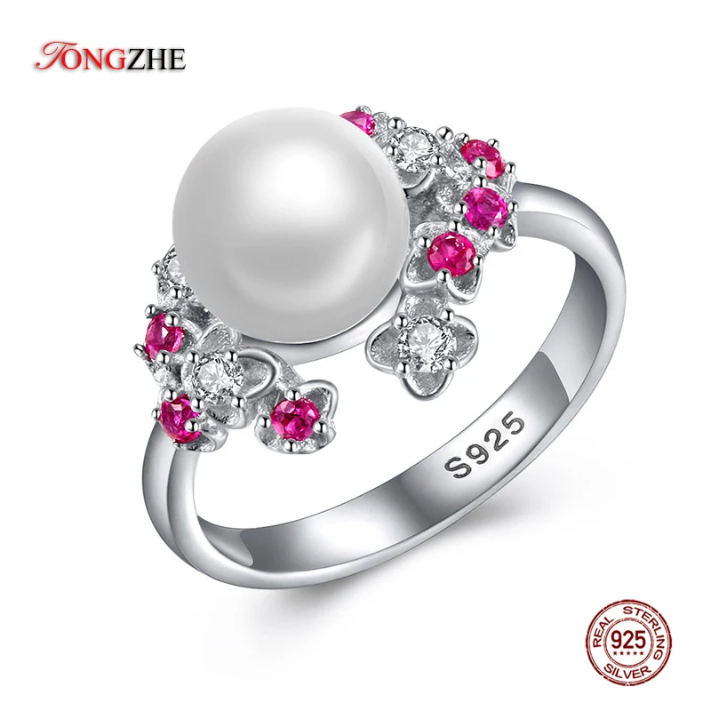

TONGZHE New Collection 100% 925 Sterling Silver Flower Fresh Water Cultured Pearl Rings for Women Wedding Jewelry Luxury Brand