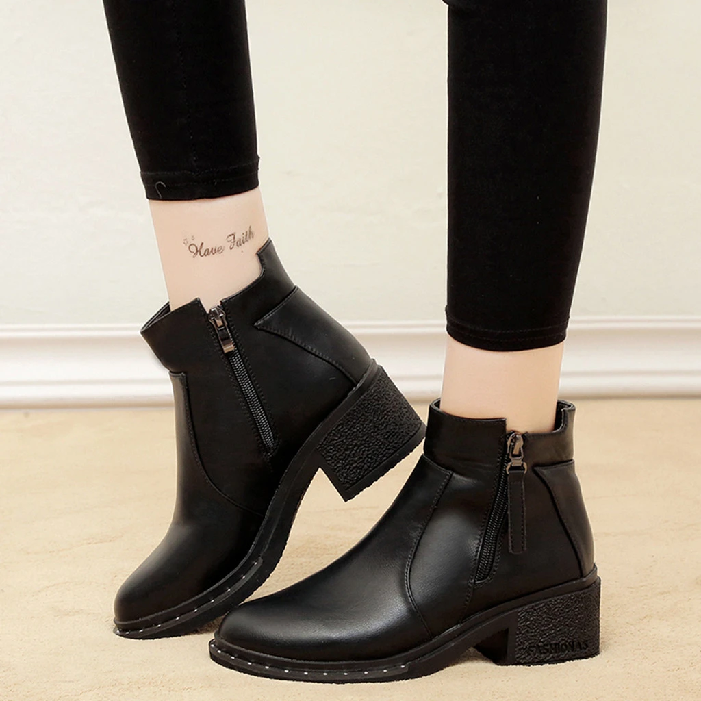 declarar Guardia Relativo Botas de cuero 2019 para mujer botas cortas de invierno de piel cálida con  estilo clásico negro medio tacones zapatos con cremallera lateral Simple  sólido botas nuevo|Botas hasta el tobillo| - AliExpress