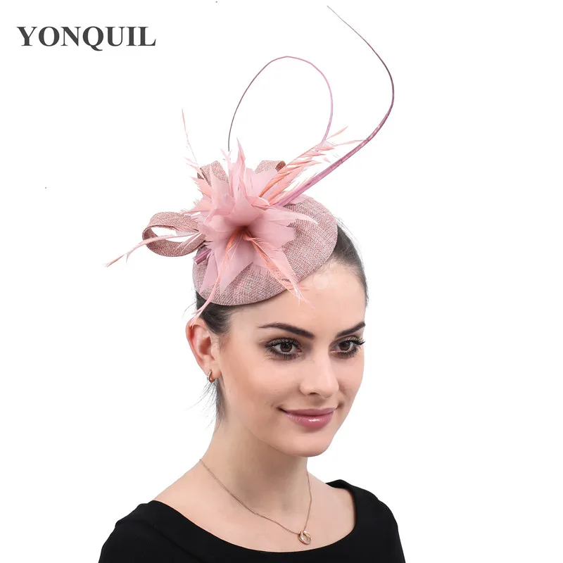Персик свадьбы модное перо аксессуары Fascinator заколки для волос женская церковная фетровая шляпа шапки женские гонки чай Дерби головной убор повязка на голову