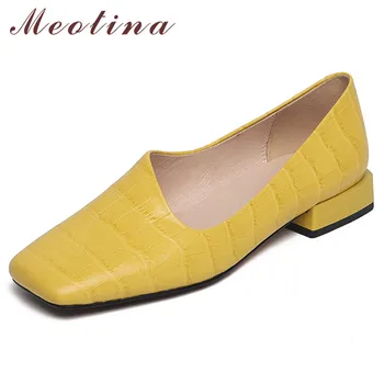

Meotina High Heels Women Pumps Natural Genuine Leather Thick Heel Loafers Shoes Real Leather Square Toe Shoes Ladies Size 34-39