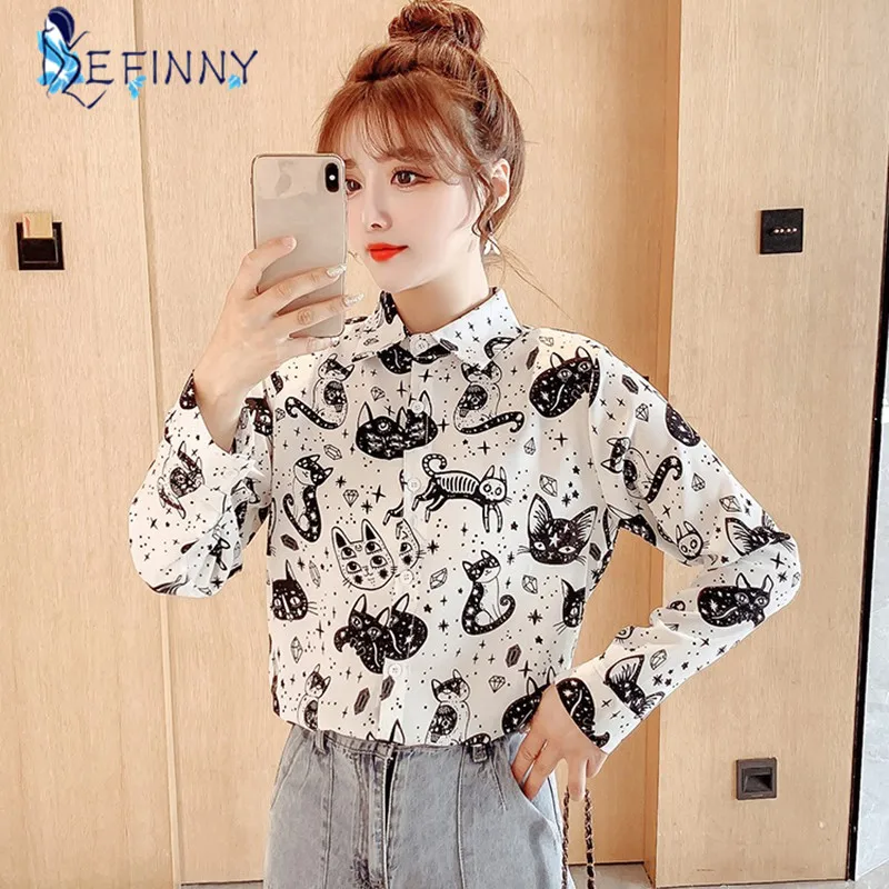 ladies shirts Women Shirt Cat Pattern Printed Personality Tops and Blouses Fashion Office Lady Long Sleeve Clothes White Black chiffon blouse